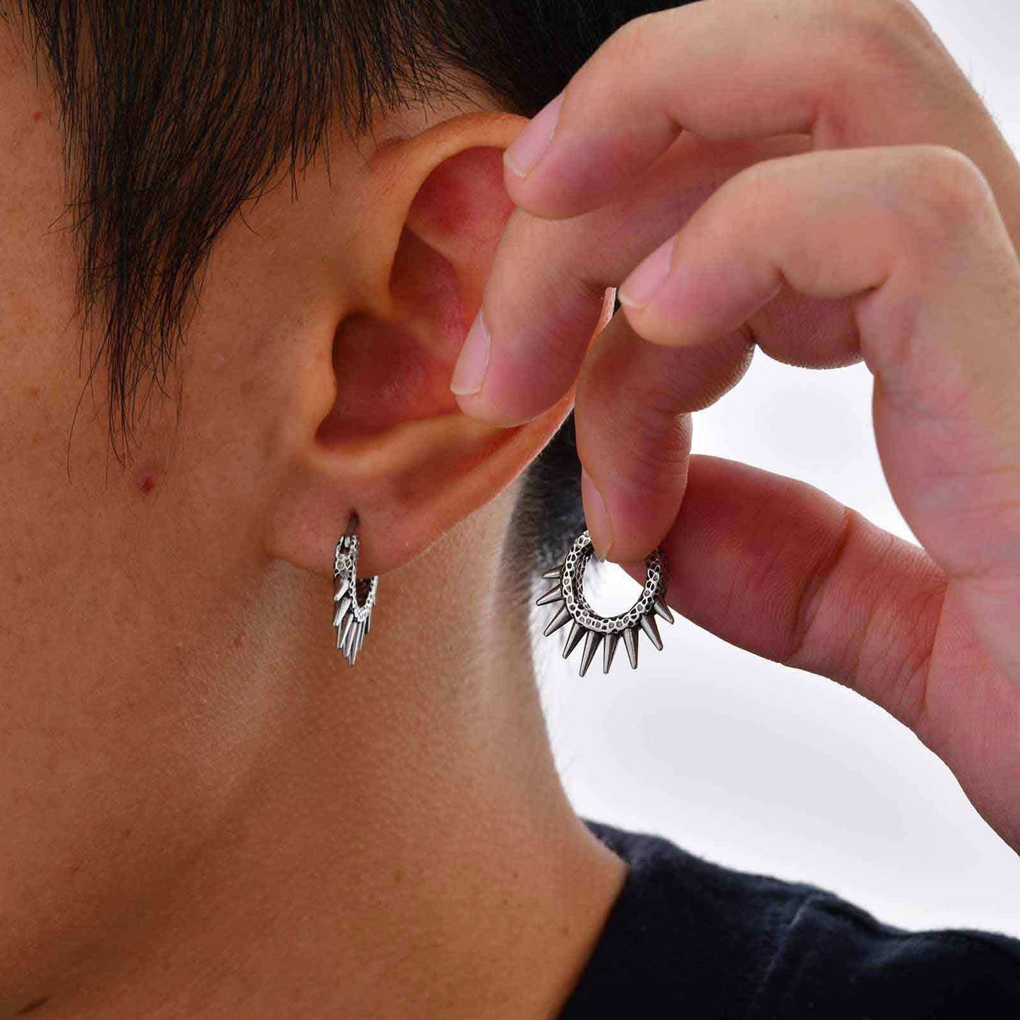 Kemstone Men’s Stainless Steel Spiked Hoop Earring – Silver Punk Gothic Huggie Jewelry EH-820