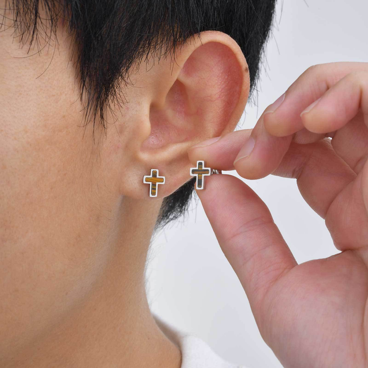 Kemstone Stainless Steel Tiger Eye Cross Stud Earrings for Men ES-642