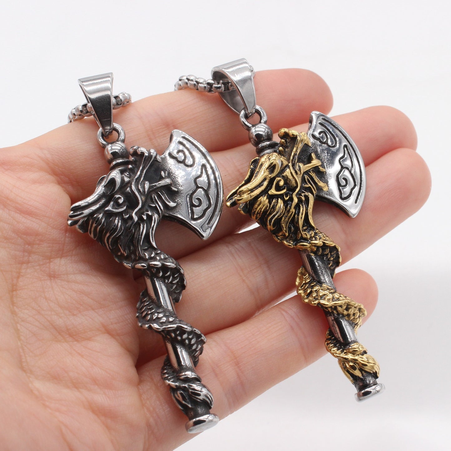 Kemstone Men’s Titanium Steel Dragon Axe Necklace – Viking-Inspired Jewelry A17-P1472