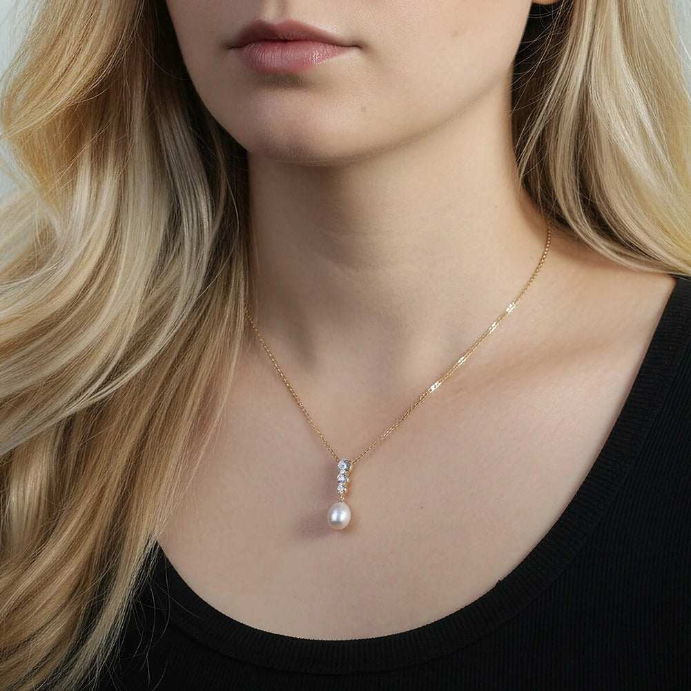 Kemstone 925 Sterling Silver Pearl Drop Necklace for Women Freshwater Pearl Cubic Zirconia Gold Silver GPN98