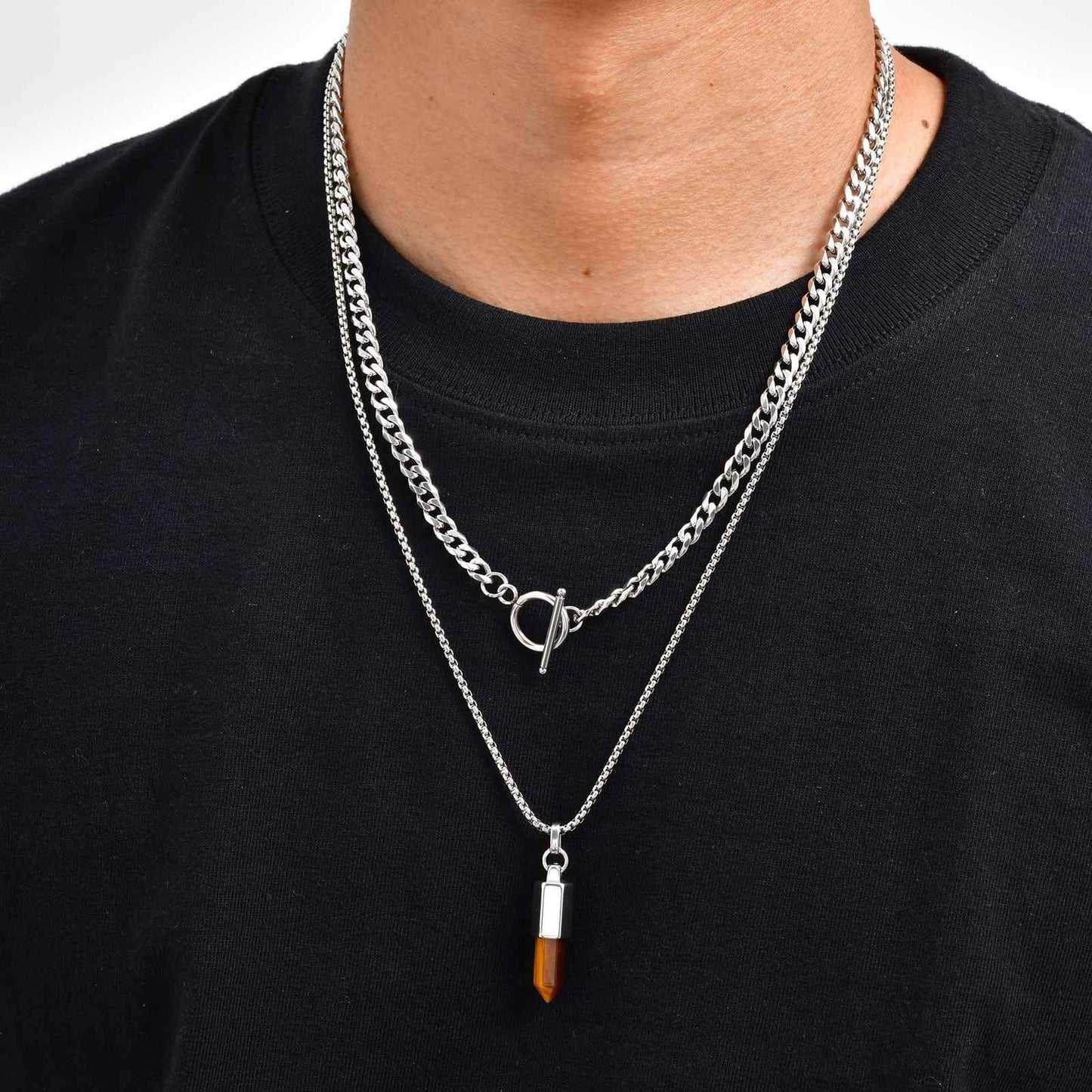 Kemstone Men’s Stainless Steel Bullet Pendant Necklace – Tiger Eye & Black Agate Minimalist Jewelry PN-2227