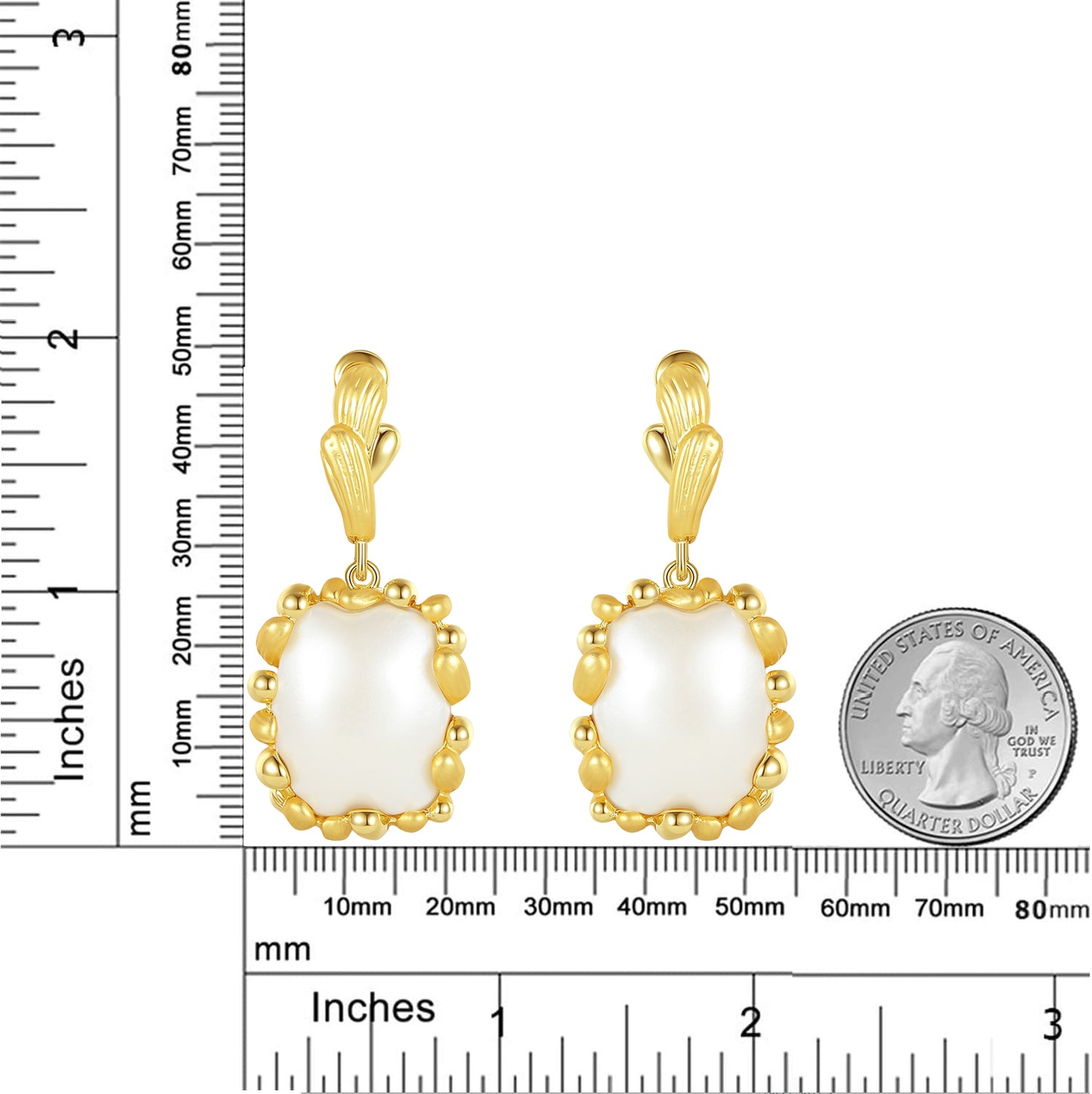 Pendientes Kemstone hechos a mano con diseño original de perla barroca vintage con flor dorada cuadrada para mujer, de aleación de 50 mm x 22 mm, con cierre de clip.
