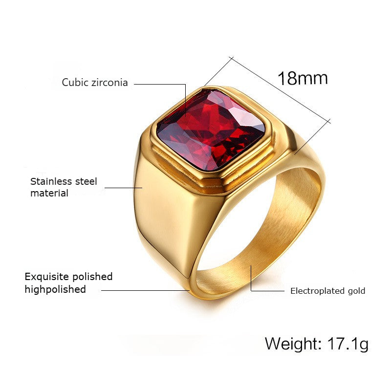 Kemstone Men’s Titanium Steel Ring – Red Cubic Zirconia Band, Gold/Silver RC-321
