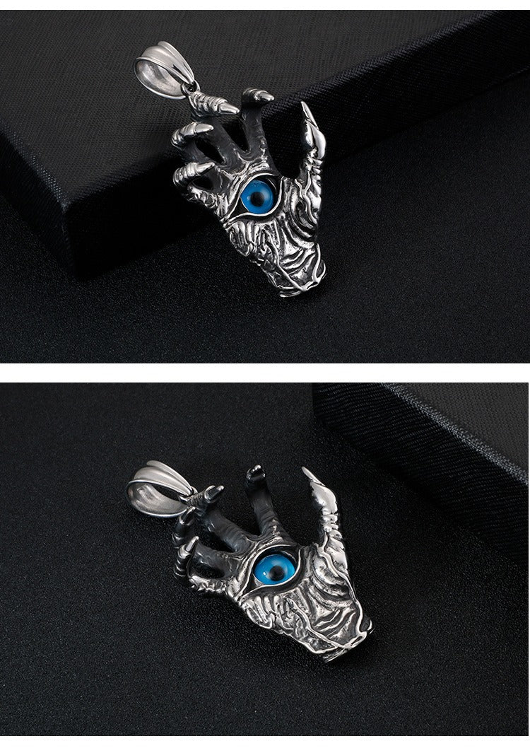 Collana con ciondolo in acciaio al titanio Kemstone Vintage con mano malvagia e occhio blu - Design audace con artiglio di drago per tutti i giorni KP80274