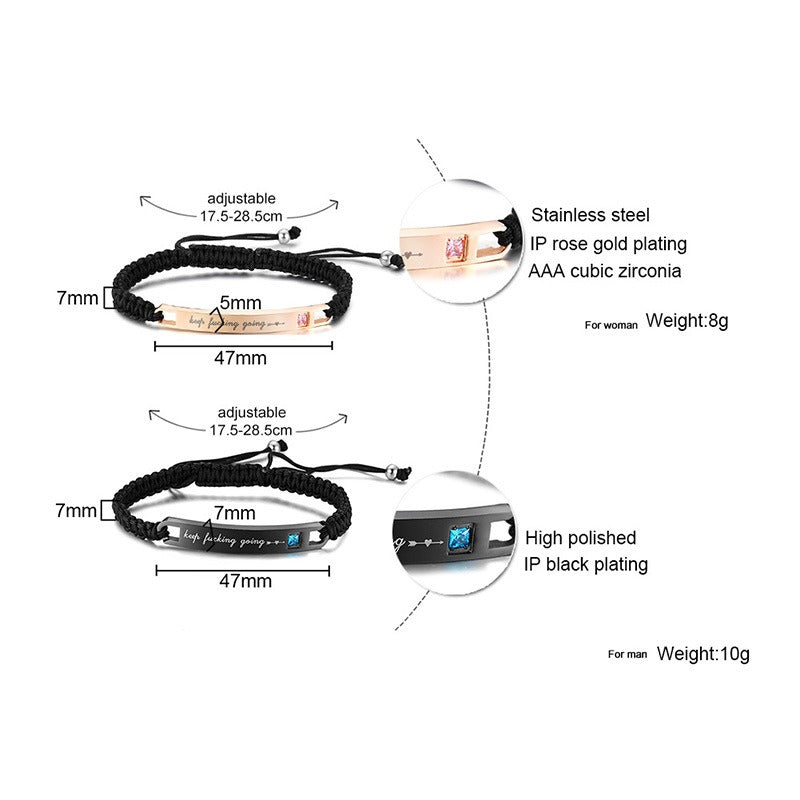 Kemstone Adjustable Couples Bracelet – Braided Rope & Stainless Steel with Zircon Accent CB-035