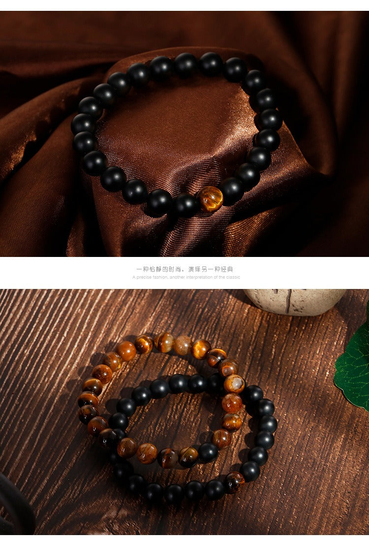 Kemstone Matte Black Agate & Golden Tiger's Eye Beaded Bracelet - Bohemian Style Handcrafted Jewelry for Everyday Wear KB109615