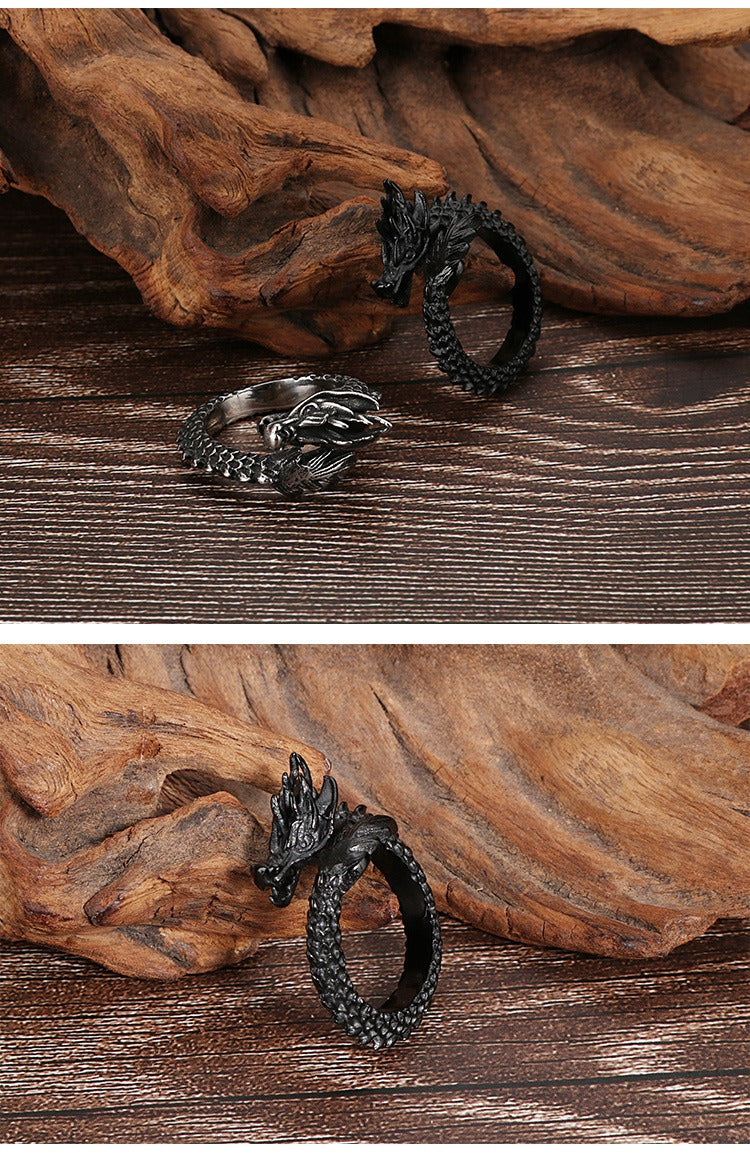 Kemstone Stainless Steel Bold Dragon Head Ring - Adjustable Open-End Ring for Men, Ethnic Retro Jewelry for Everyday Wear KR53285-K