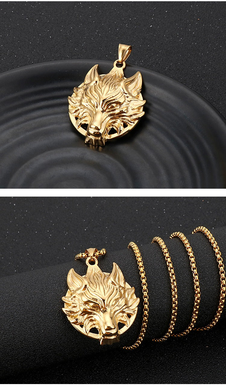 Kemstone Viking Wolf Head Pendant – Matte Stainless Steel Necklace for Men, Norse Punk Streetwear Jewelry KP81873