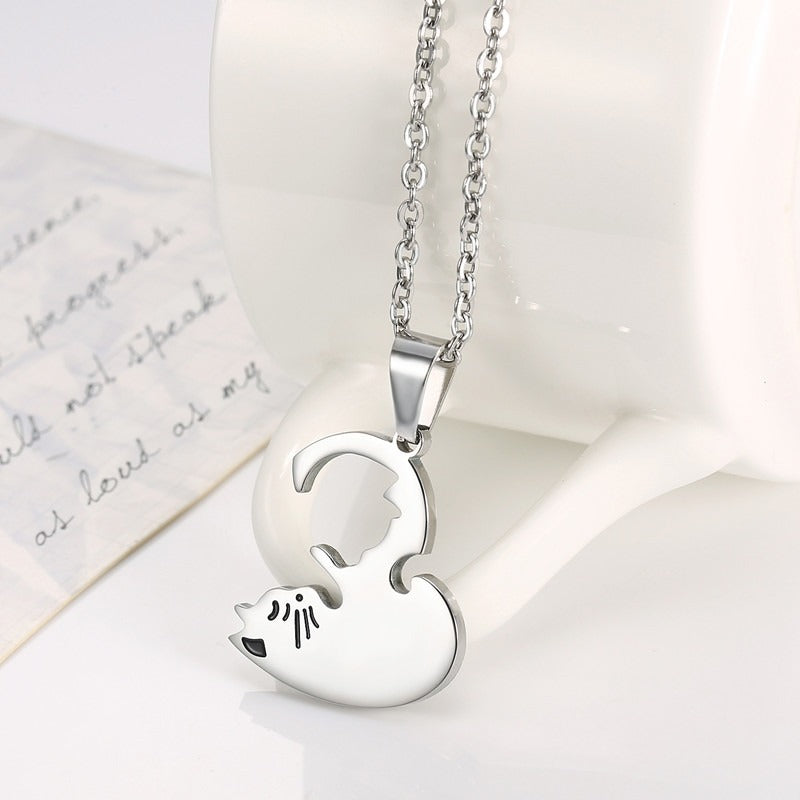 Kemston Titanium Steel Cat Couple Necklace Black White Heart 55cm TN0197