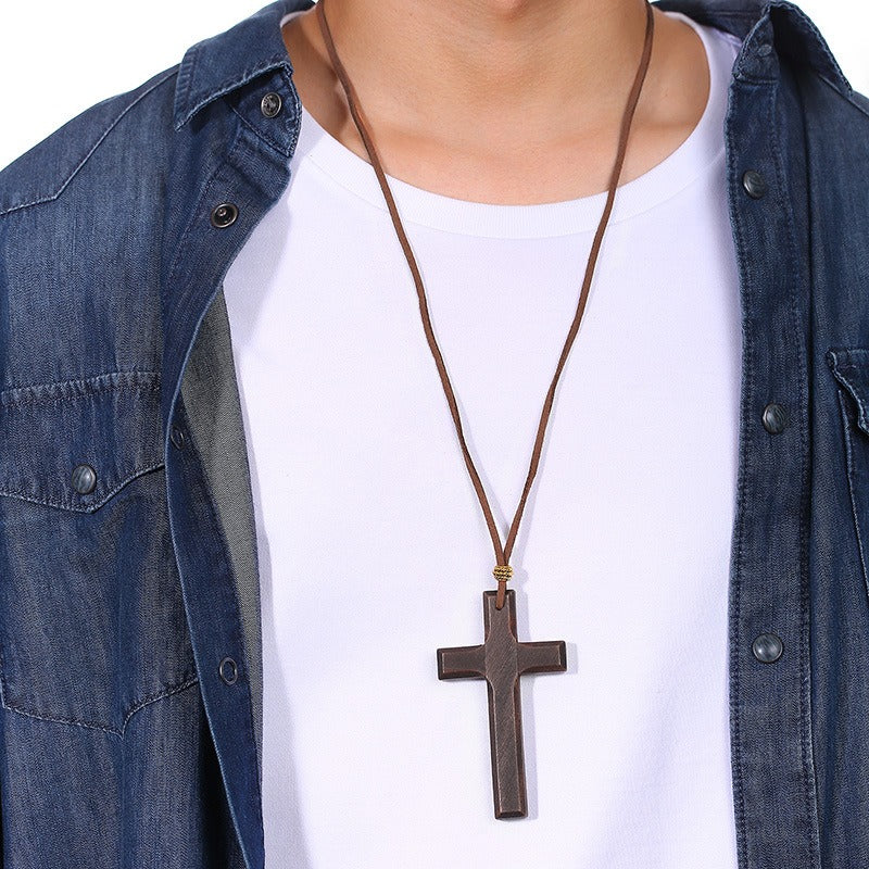 Kemston Wooden Cross Pendant Necklace for Men Adjustable Cord PN-1278