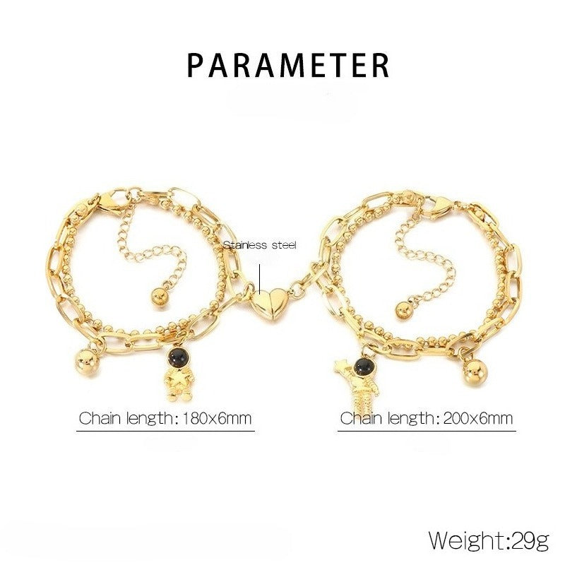 Kemstone Astronaut Magnetic Heart Couple Bracelet Titanium Steel Layered Chain for Men & Women KB208413-Z