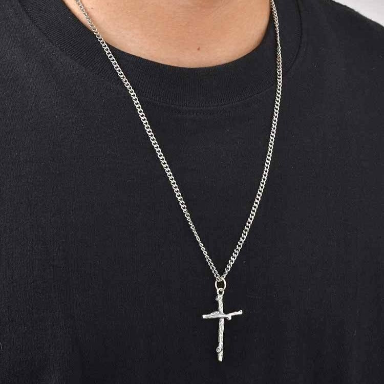 Kemstone Branch Cross Pendant Necklace Stainless Steel Chain Silver for Men PNB-403