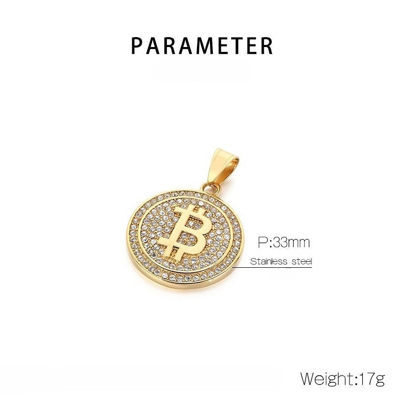 Kemstone Basketball Hoop Coin Pendant Necklace for Men – Rhinestone Titanium Steel Hip Hop Style KP117911-MZOZ