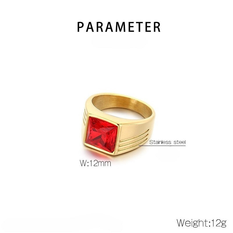 Kemstone Titanium Steel Square Red Stone Signet Ring for Men Vintage Gold Silver KR114482-MZOZ