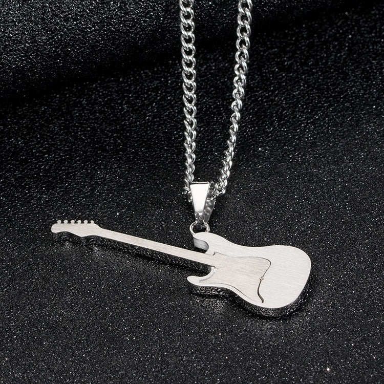 Kemstone Stainless Steel Electric Guitar Pendant Necklace for Men – 60cm Chain, Silver Gold Black K-PT147