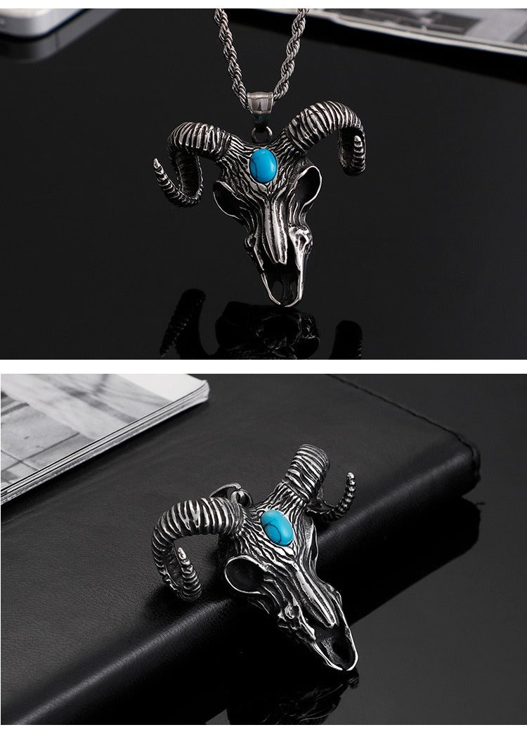 Kemstone Titanium Steel Ram Skull Pendant Necklace for Men – Vintage Horned Symbol KP79917-K