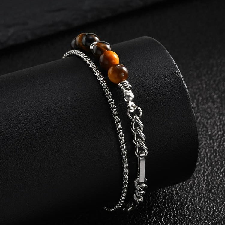 Kemstone Tiger Eye Beaded Bracelet for Men Stainless Steel Layered Chain BR-2922