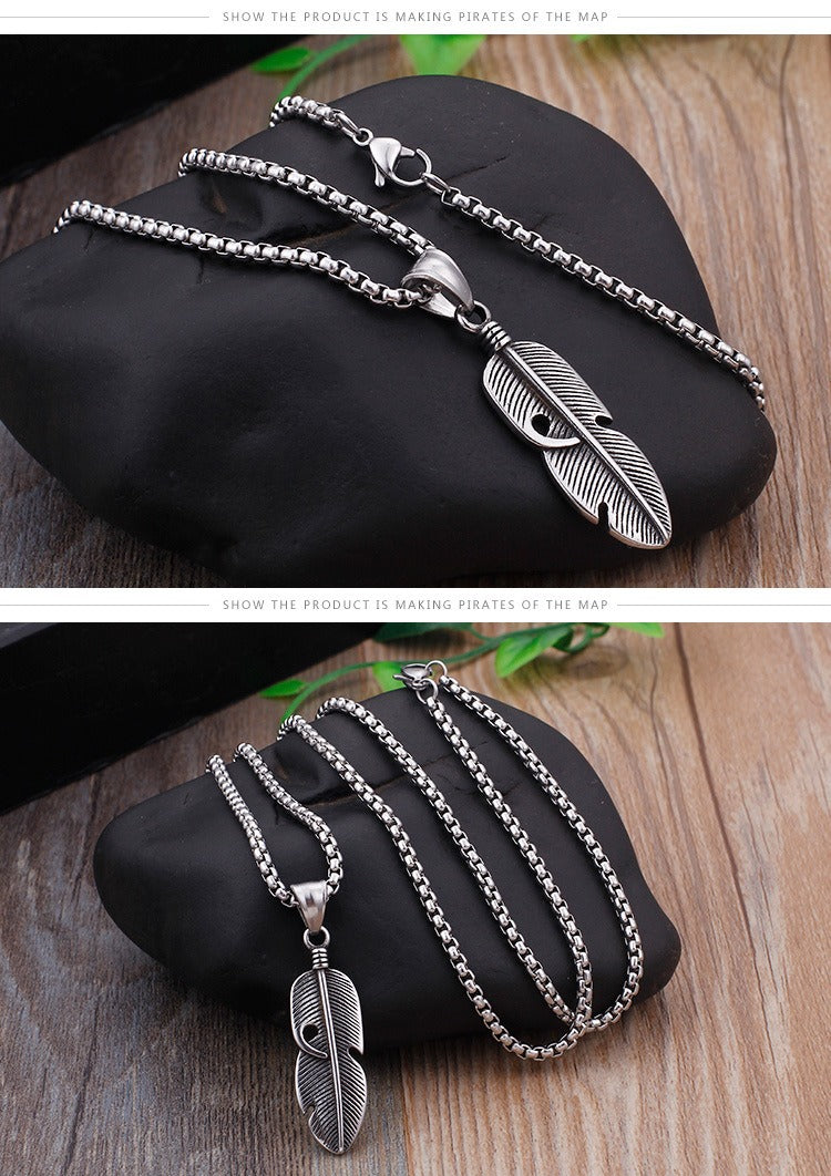 Kemstone Hollow Feather Pendant – Retro Titanium Steel Necklace for Men, Lightweight Hiphop Streetwear Jewelry KP77755-K