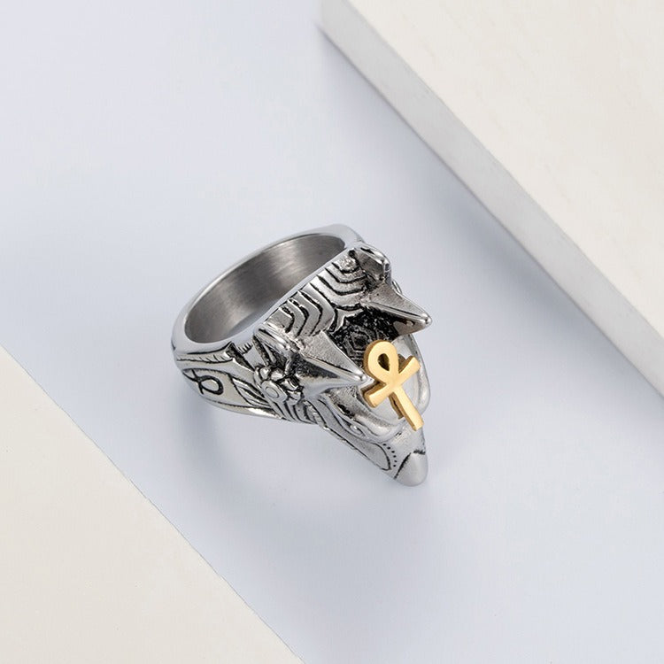 Kemstone Men’s Titanium Steel Anubis Egyptian God Ring – Silver K-R291