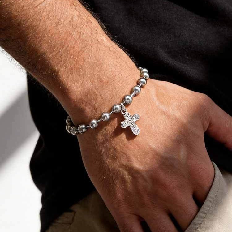 Kemstone Stainless Steel Cross Beaded Bracelet for Men Women Silver BR-2943