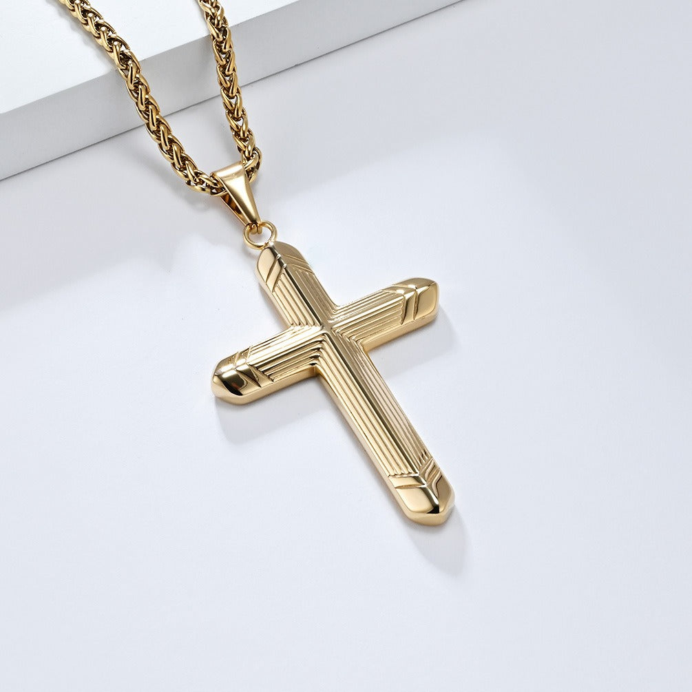 Kemstone Stainless Steel Cross Pendant Necklace for Men – Engraved Line Relief, Silver Gold Black K-PT588