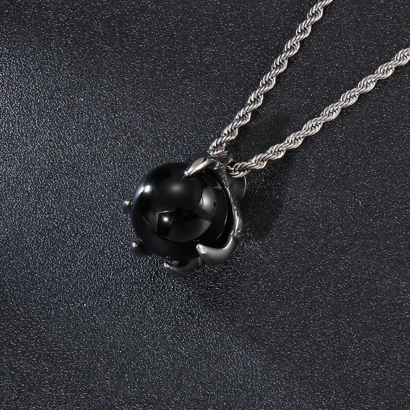 Kemstone Men’s Titanium Steel Claw Pendant – Black Glass Orb KP43972