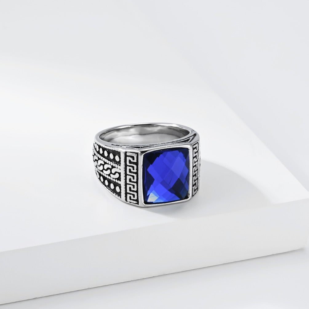 Kemston Stainless Steel Engraved Square Stone Signet Ring for Men R7007