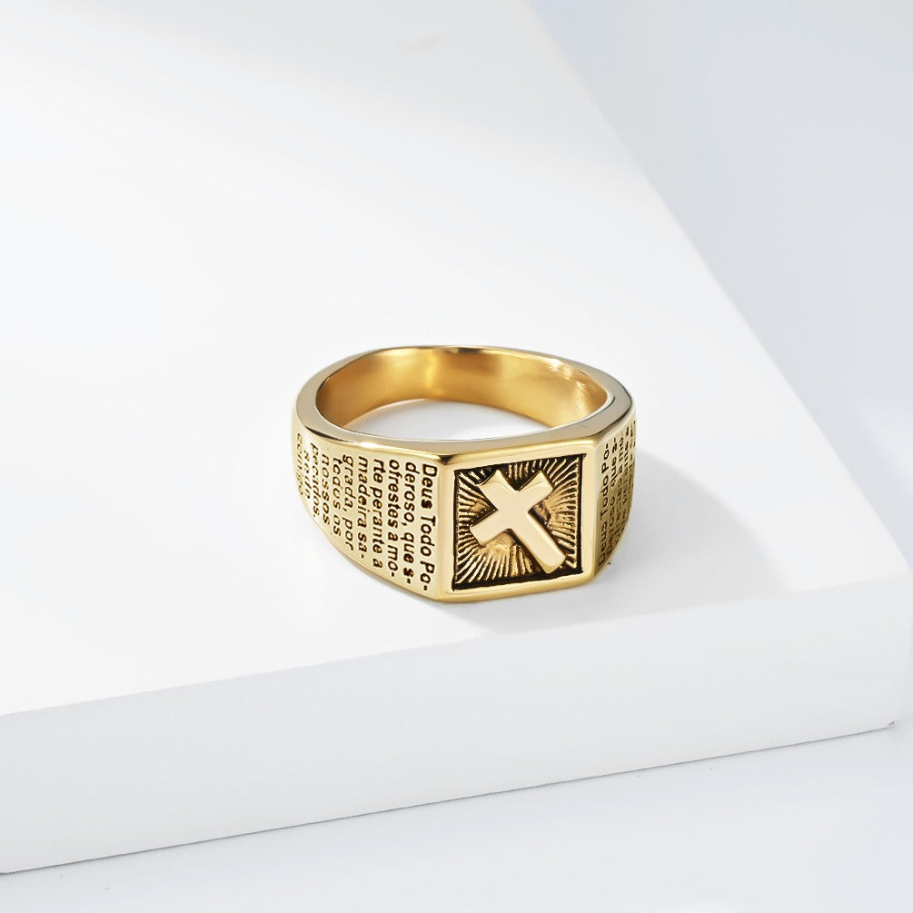Kemstone Stainless Steel Cross Signet Ring for Men Engraved Text Vintage Rectangular Silver Gold Black K-R1141