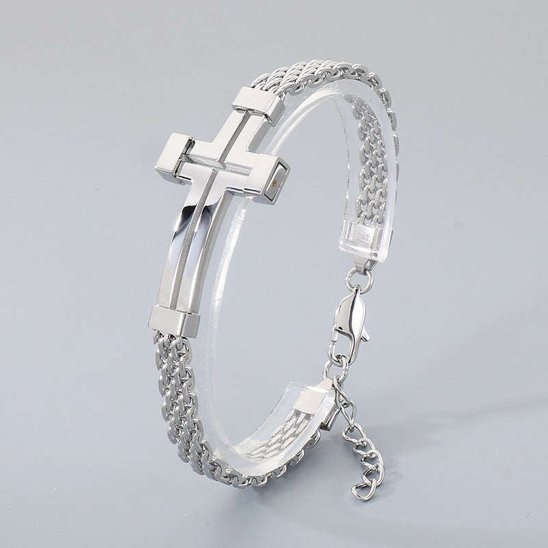 Kemstone Titanium Steel Hollow Curved Cross Bracelet for Men Adjustable Double Chain Gold Silver Black KB212800-KFC