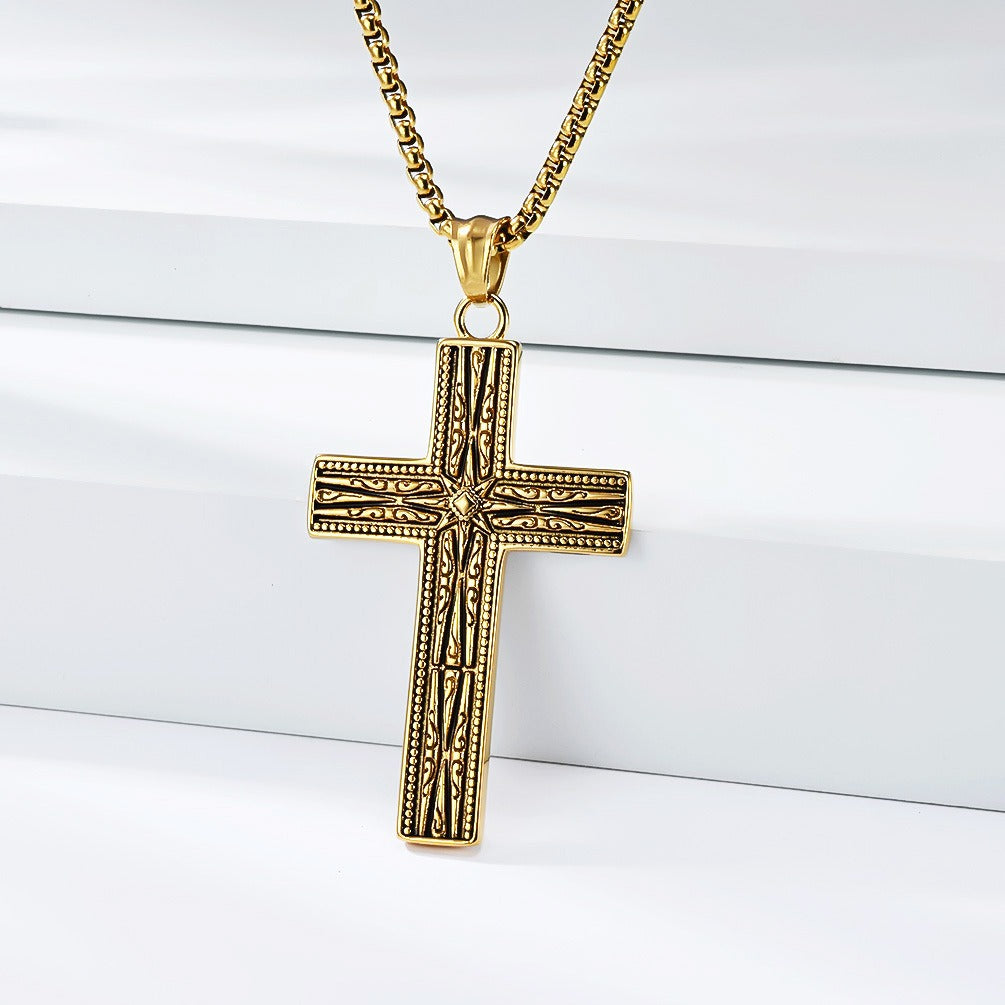 Kemstone Gothic Engraved Stainless Steel Cross Pendant Necklace for Men K-PT705