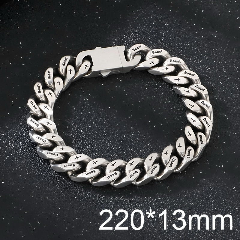 Kemstone Cuban Link Bracelet for Men Titanium Steel Cross Engraved Wide Chain Heavy Chunky Silver KB211839-ZCG