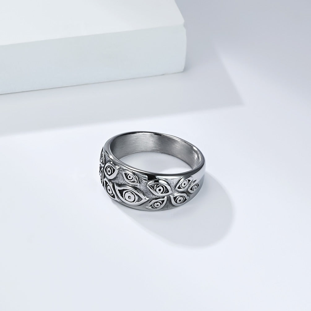 Kemstone Titanium Steel Evil Eye Ring for Men – 10mm Gothic Demon Band Jewelry, Silver/Gold/Black K-R1082