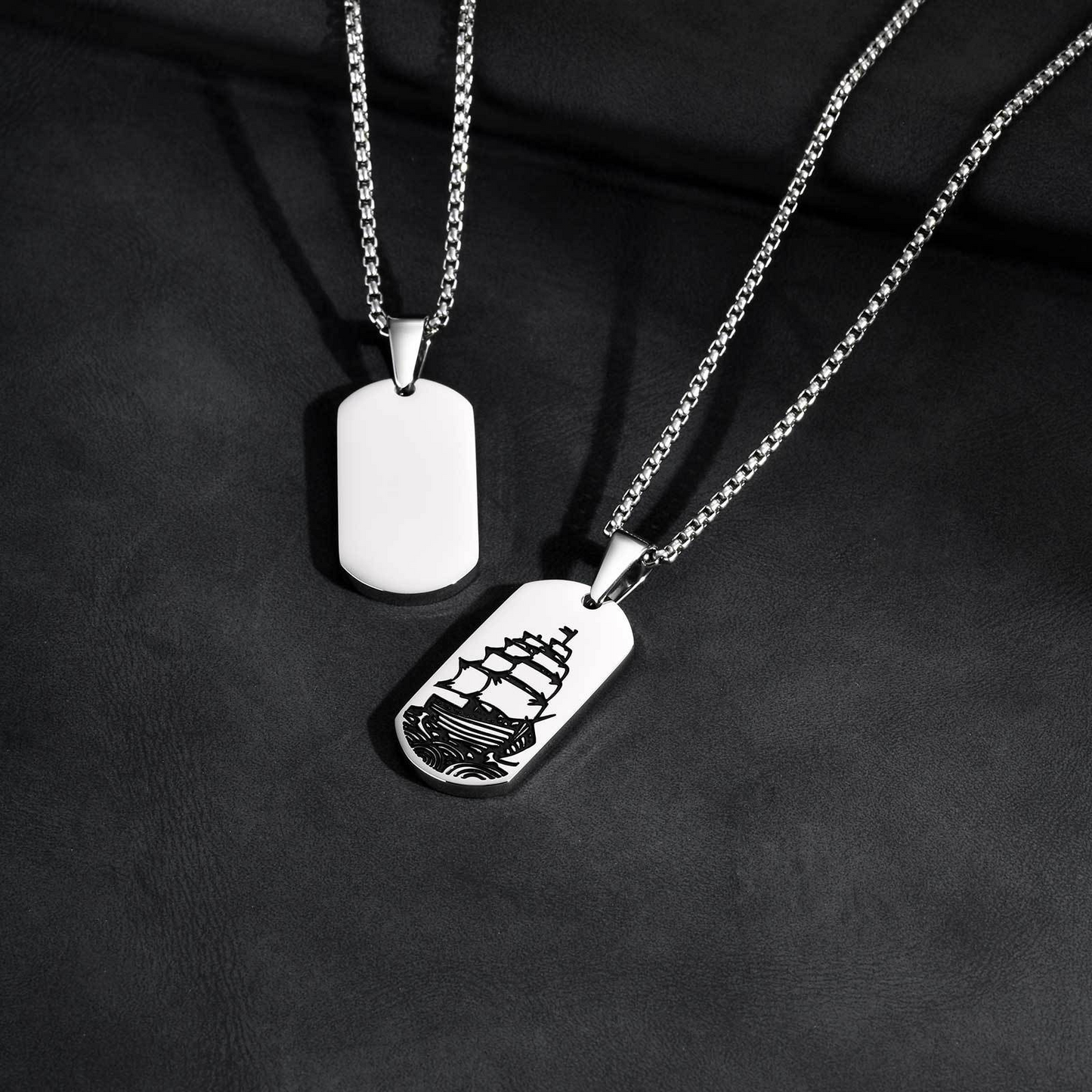 Stainless Steel Wave Tag Necklace – Black Etched Sailboat Pendant for Men PN-2168