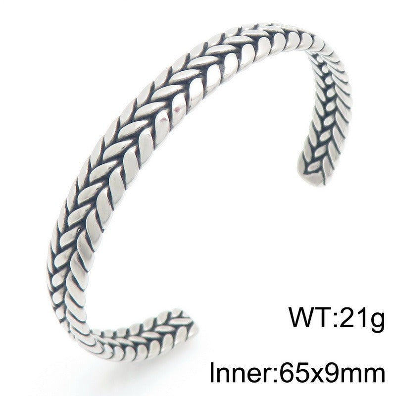 Kemstone Titanium Steel Leaf Braided Cuff Bracelet Vintage Open Style for Men KB209293-LU