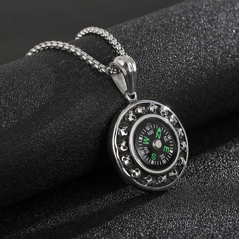 Kemstone Titanium Steel Compass Skull Pendant Necklace for Men Vintage Round Design KP55736-BD