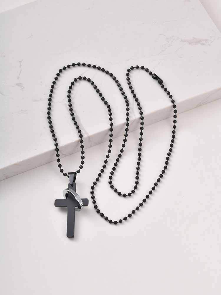 Kemstone Stainless Steel Cross Ring Pendant Necklace for Men Silver Black NC-3002