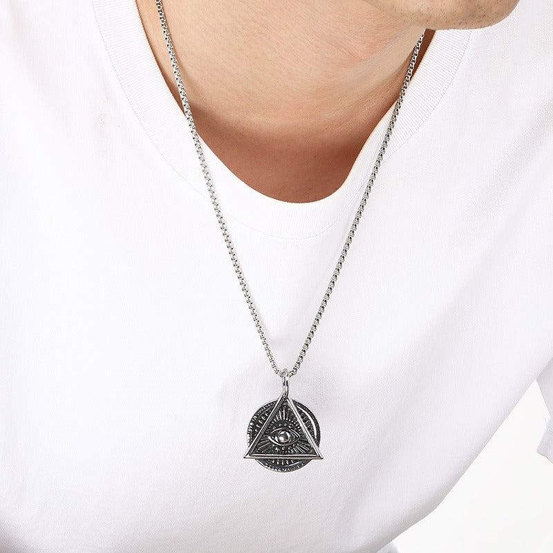 Kemstone Vintage Triangle Eye Pendant Necklace – Titanium Steel Geometric Design for Men KP117717-LU