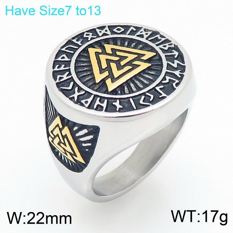 Kemstone Viking Rune Signet Ring for Men Titanium Steel Compass Celtic Knot Wide Band Silver Gold KR114478-MZOZ