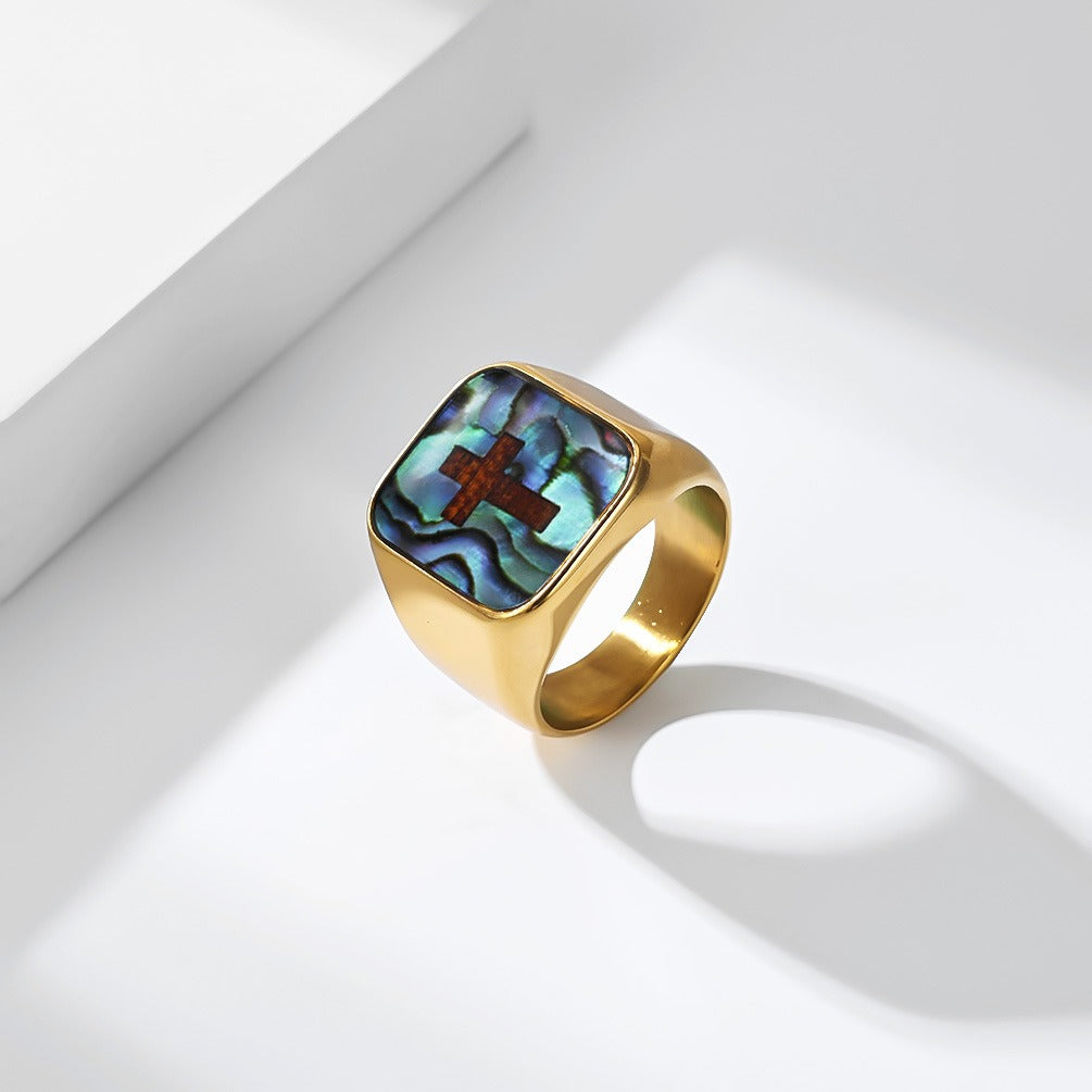 Kemstone Abalone Shell Cross Signet Ring for Men Stainless Steel K-R1239