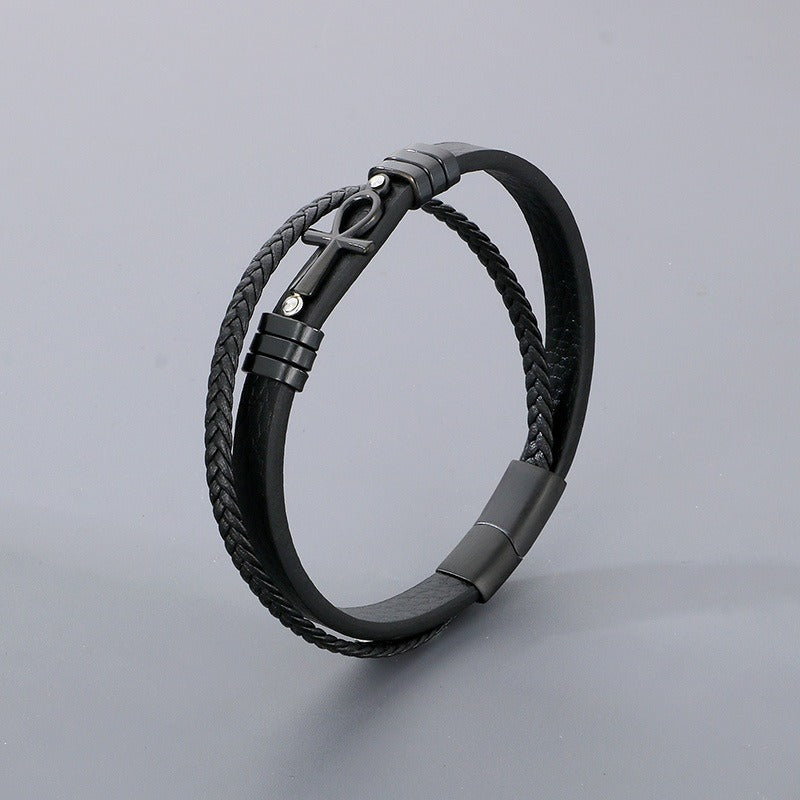 Kemstone Layered Leather Bracelet for Men Stainless Steel Cross Detail KB180738-JR