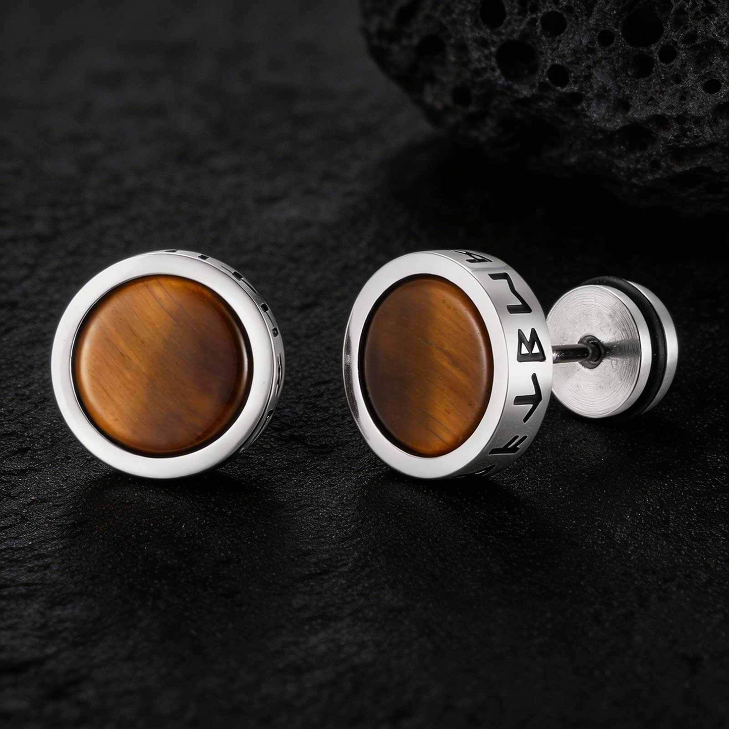 Kemstone Stainless Steel Tiger Eye Stud Earrings – Round Rune Edge Design for Men ES-784