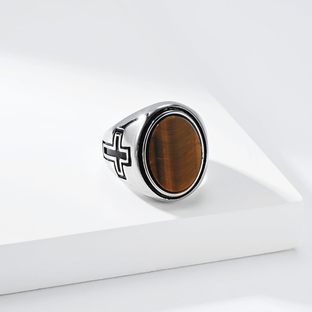 Kemston Oval Stone Signet Ring for Men Stainless Steel Engraved Cross K-R1202