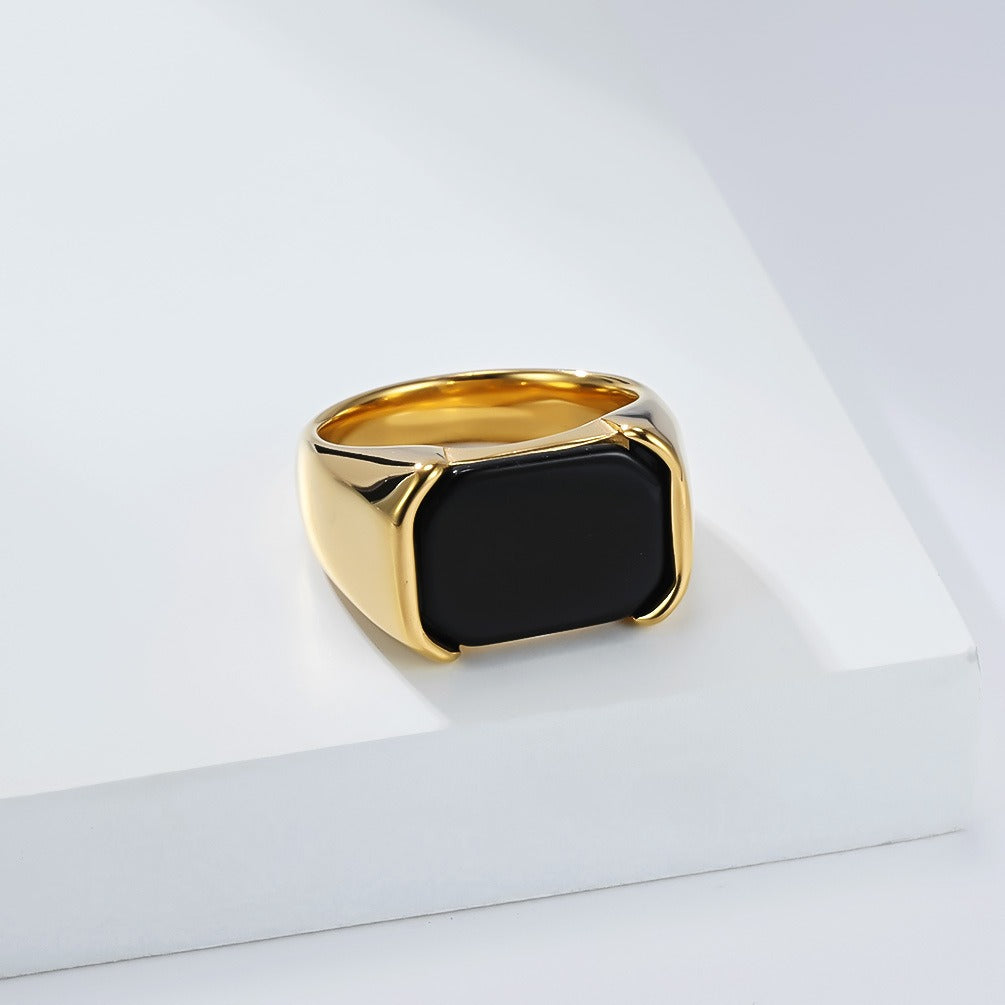 Kemstone Men’s Stainless Steel Black Onyx Ring – Rectangular Signet Band K-R1075