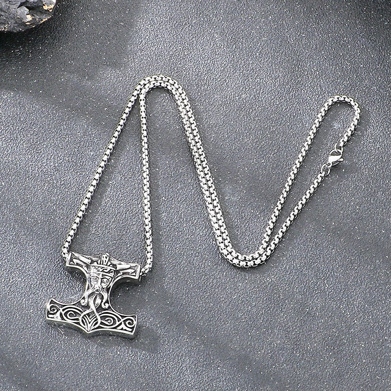 Kemstone Viking Hammer Pendant Necklace for Men - Titanium Steel Norse Rune Style KP117744-LU