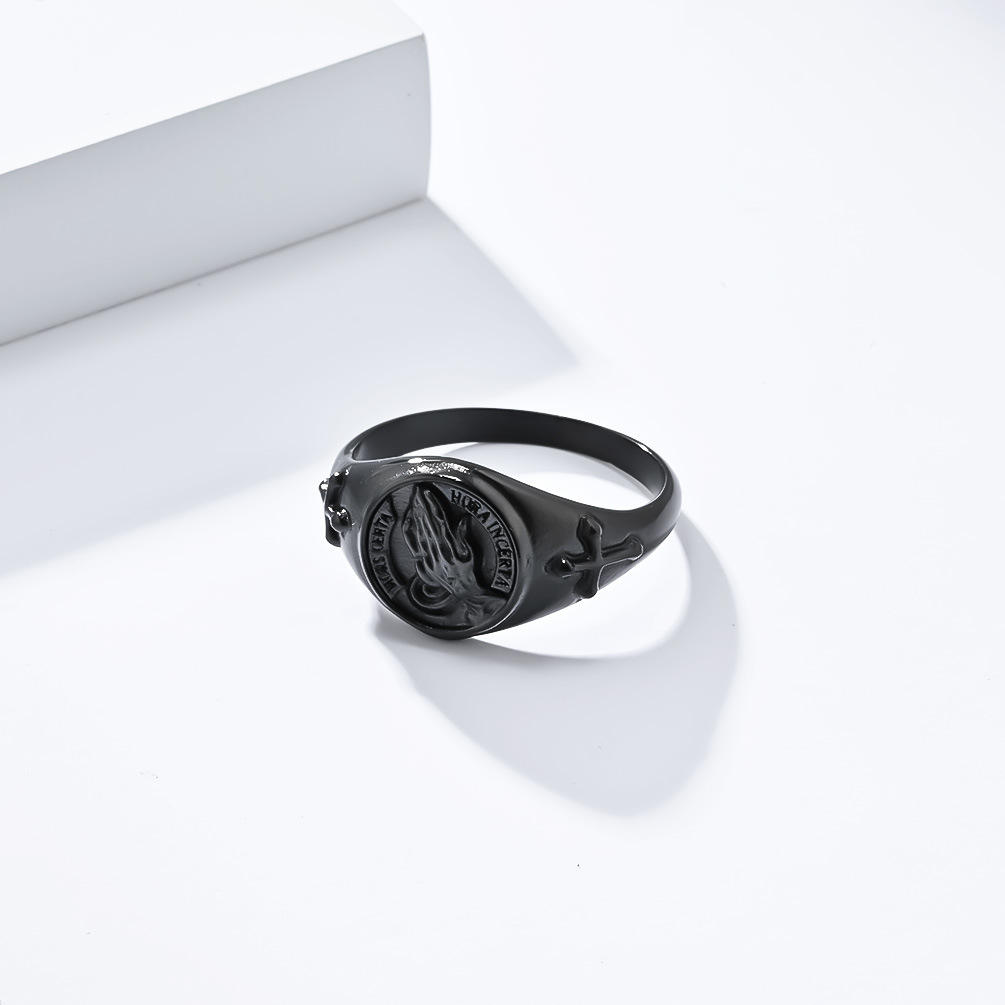 Kemstone Praying Hands Cross Signet Ring in Stainless Steel for Men,Silver Gold Black – K-R831