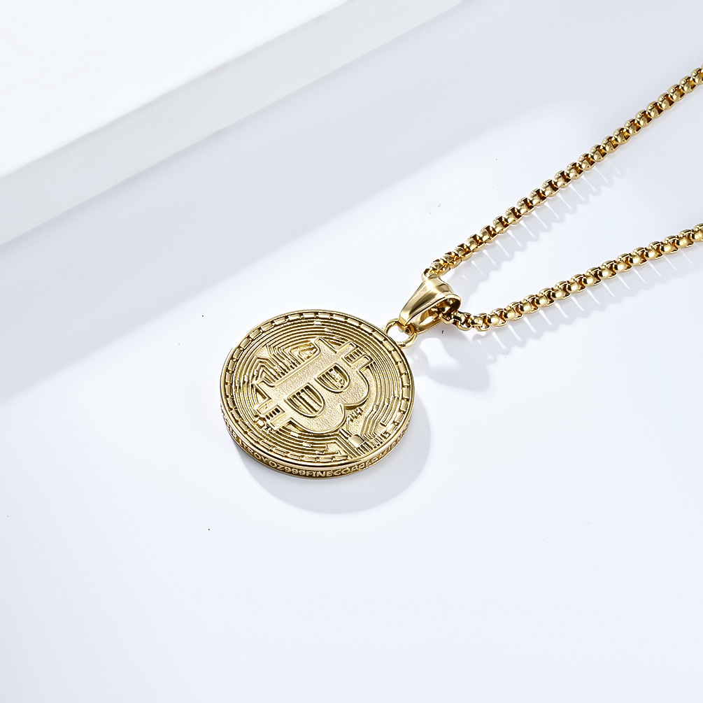 Kemstone Bitcoin Symbol Pendant Necklace for Men Stainless Steel Coin Style K-PT500