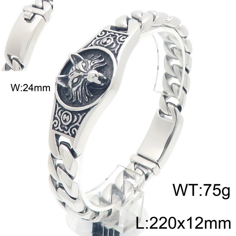 Kemstone Men’s Wolf Head Bracelet – Titanium Steel Cuban Chain 220mm KB205184-KJX