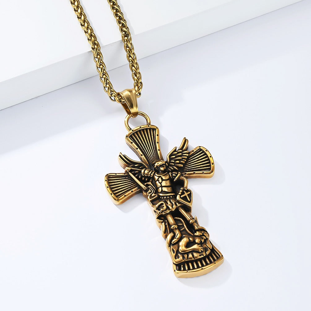 Kemstone Stainless Steel Cross Necklace for Men Angel Figure Detailed Pendant Chain Silver Gold Black K-PT706