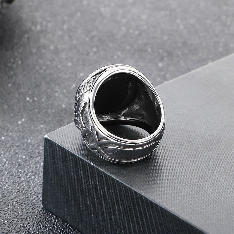 Kemstone Titanium Steel Eagle Ring – Blue Enamel Vintage Signet Jewelry, Symbol of Freedom KR114201-LU