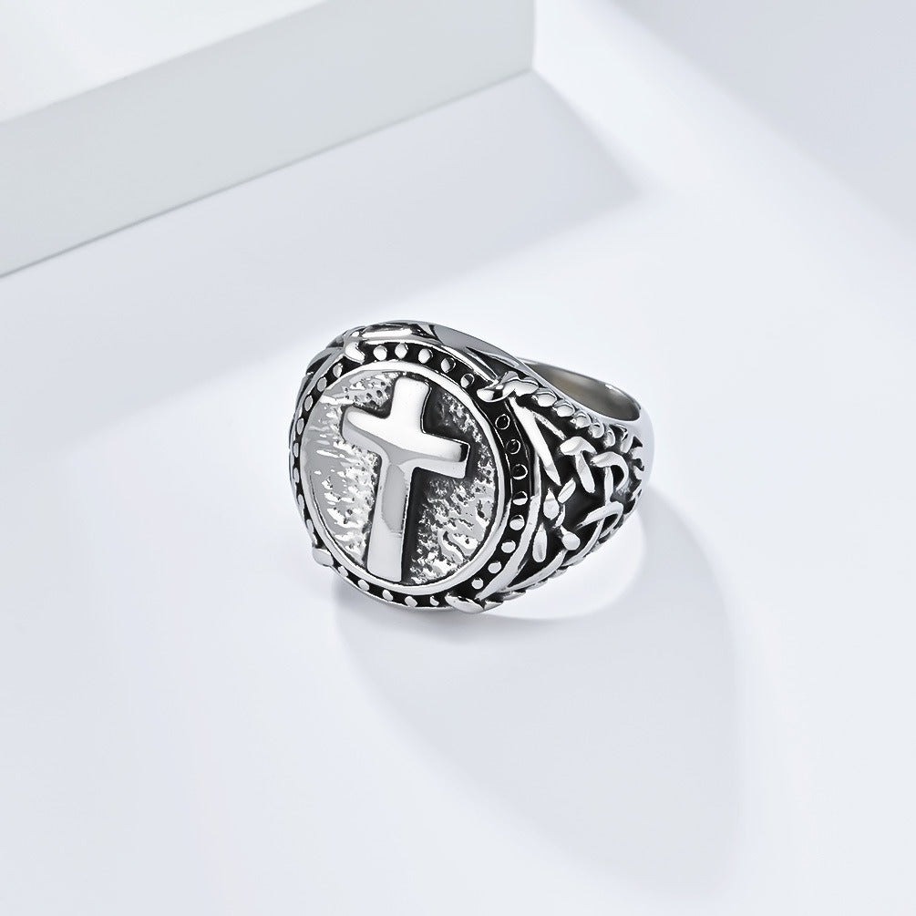 Kemstone Cross Signet Ring Stainless Steel Vintage Textured Silver Gold Black for Men K-R845